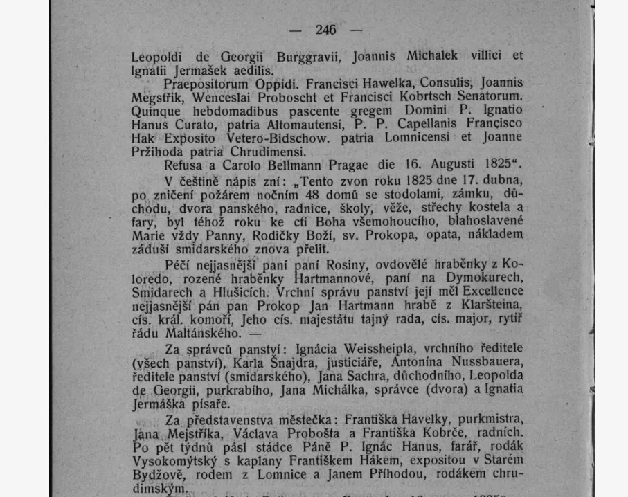 Zvon po požáru Smidar 1825 – překlad nápisu (výřez z Pamětí)